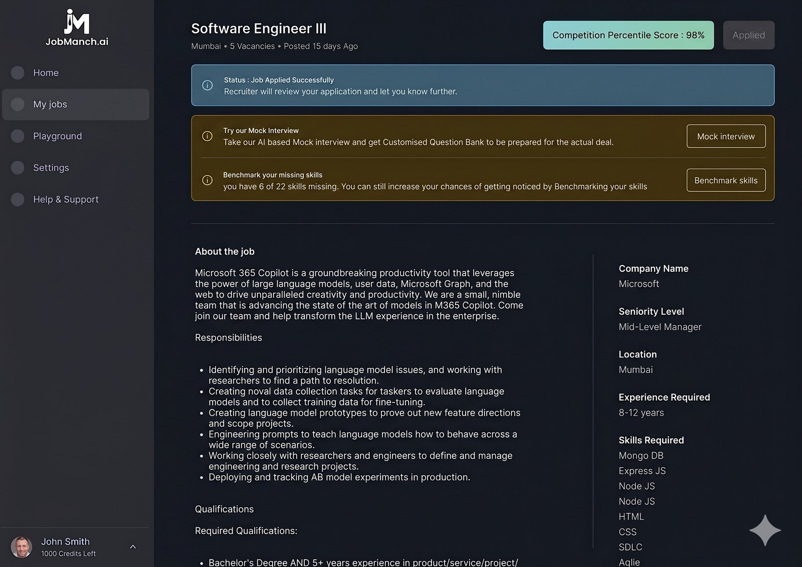 PocketInterviewer job detail view for Software Engineer III in Mumbai with a 98 percent Competition Percentile Score badge and assist banners